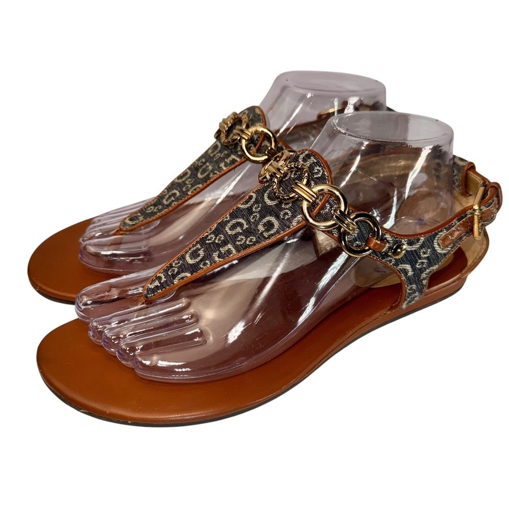 GUESS Women's Thong Ankle Strap Sandals Logo Chain Brown/Blue Sz 8M